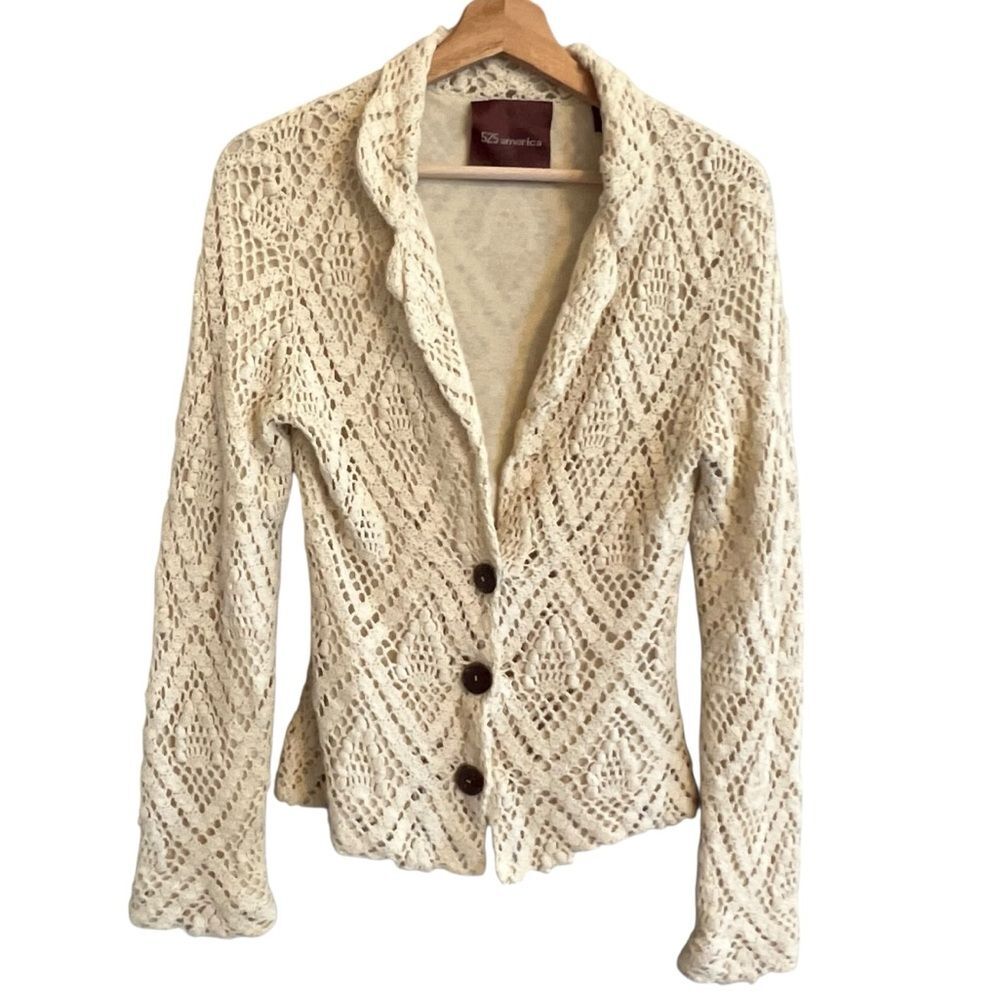 525 America Womens Boho Crochet Blazer Size S Coastal Grandma Cottage Festival